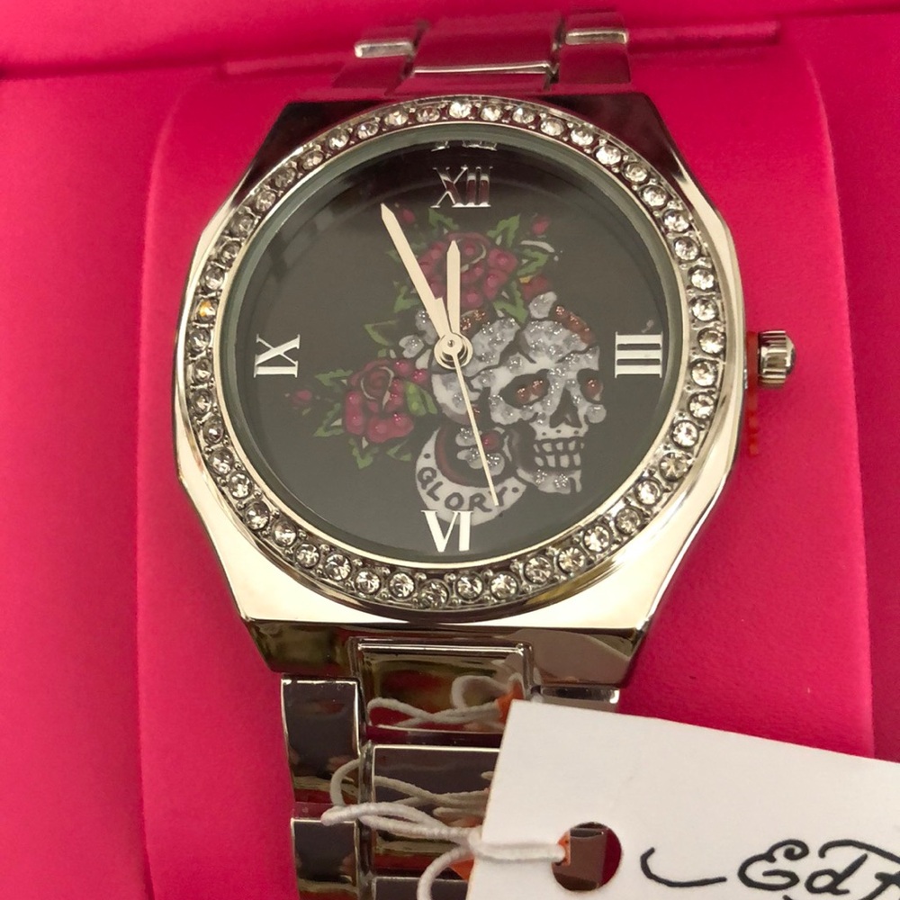 Ed Hardy Silver Tone Skull & Rose Accent Watch with Pink Details